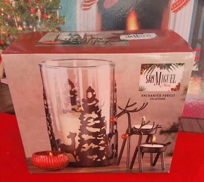 Enchanted Forest Glass Hurricane TealightSet Reindeer Rare Christmas Decoration - Image 1 of 4