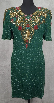 Vintage Scala 100% Silk Beaded Sequin Bodycon Dress Green Sz XL Retro Roses - Image 1 of 4