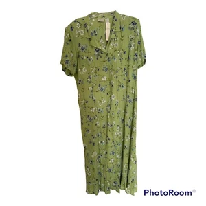 Vintage Erika Midi Dress Womens L Green Floral Pleated Waist Elastic Back NWT - Picture 1 of 4