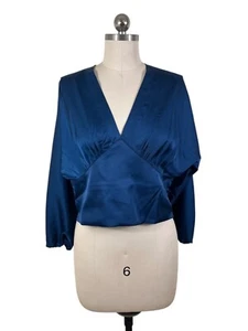 Banana Republic Blouse Womens 10 NWT Blue Solid Satin Balloon Long Sleeve Boho - Picture 1 of 9
