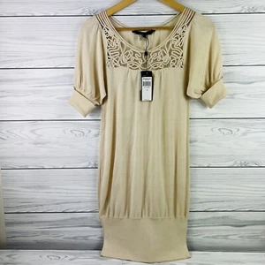 BCBG Maxazria Top Women Small Silk Blend Knit Tunic Beige Ivory Puff Sleeve NEW - Picture 1 of 20