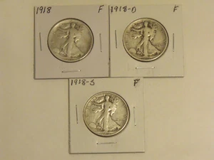 1918-P-D-S  Silver Walking Liberty Half Dollars (3 coins) Fine condition - Picture 1 of 2