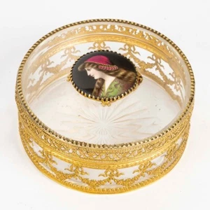 Antique French Crystal Jewelry Casket Ormolu Mounts Enamel Portrait Lid 19th C - Picture 1 of 9