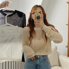 Women Hollow Out Knitted Pullovers Crew Neck Solid Casual Hollow Out Crop  F1