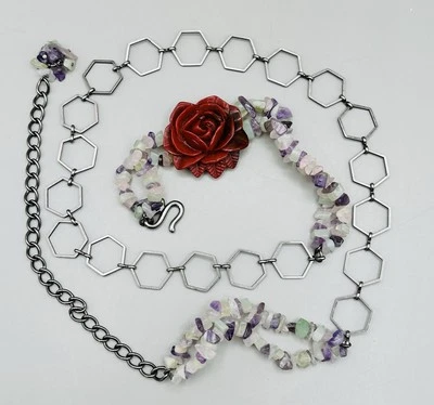 Cinturón de eslabones de cadena vintage para mujer plateado rosa floral con cuentas boho chick  Foto 1 de 4