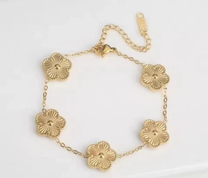 Gold Plated Stainless Steel Flower Bracelet Leaf Petals Women's Gifts Clover - Picture 1 of 2