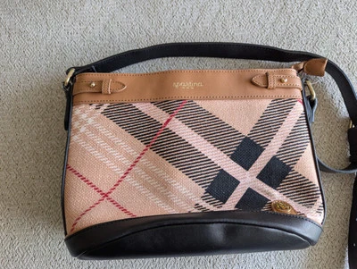Spartina 449 Purse Pink And Black Plaid Shoulder Handbag Leather Linen - Image 1 of 4
