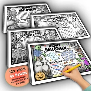 Tovagliette Attività Coloranti Halloween - Confezione da 12 - Foglietti A3 Bambini - 4 Disegni - Foto 1 di 9