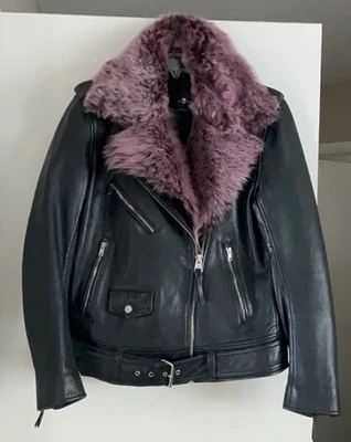 Chaqueta de cuero Seven for All Mankind con cuello de piel de oveja extraíble talla L Foto 1 de 4
