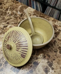 Vtg Large Handmade CALIF USA Pottery Soup Ramen Bowl Mustard Brick Stone Glaze - Picture 1 of 12