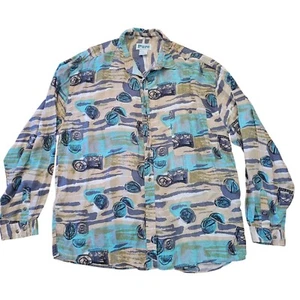 Pure Silk XL Button Up Shirt Abstract Blue Beige Retro - Picture 1 of 6