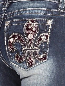 MISS ME Womens Stretch Boot Cut Denim Jeans Sparkle Fluer De Lis Embellished - Picture 1 of 3