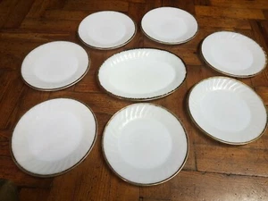 ANCHOR HOCKING FIREKING WHITE GOLDEN SHELL SWIRL MILK GLASS 9" plates & platter - Picture 1 of 12