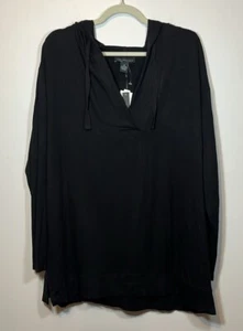 Joan Vass NWT 1X Longsleeve Hooded Black Lightweight Top - Picture 1 of 8