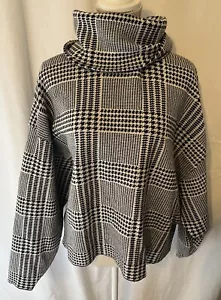 Zara Cropped Oversized Long Sleeve Roll Neck Sweater Sz Large Black White Plaid - Picture 1 of 9