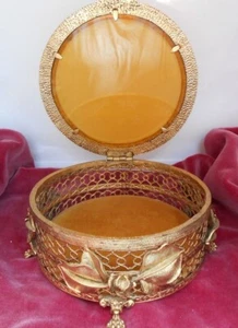 VINTAGE ORMOLU FILIGREE GOLD jewelry BOX casket amber rose lion feet VANITY 7" - Picture 1 of 8