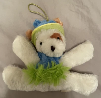 Hugfun Dog 5" White Plush Ski Hat Blue & Green Scarf Soft Toy Ornament Stuffed - Image 1 of 4