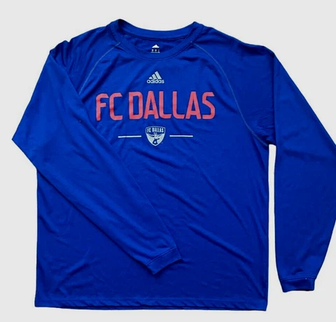 FC Dallas Mens Large Adidas Long Sleeve Screened DriFit Logo Tshirt Blue NWOT Cover