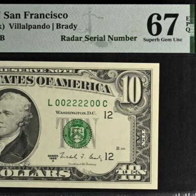 1988A $10 FRN PMG 67EPQ - Top Pop - Finest Radar-Rotator Serial Number 00222200 - Image 1 of 4