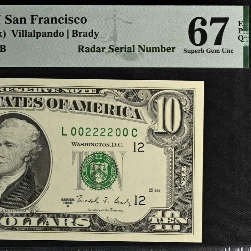1988A $10 FRN PMG 67EPQ - Top Pop - Finest Radar-Rotator Serial Number 00222200 - Image 1 of 4