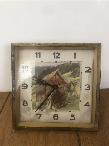 ANTIQUE VINTAGE PAINTED Old Mill Waterwheel WIND-UP CLOCK 5” Cover