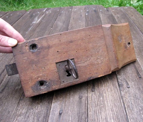 Antique Large Oak Encased Door Lock with WORKING KEY Cover
