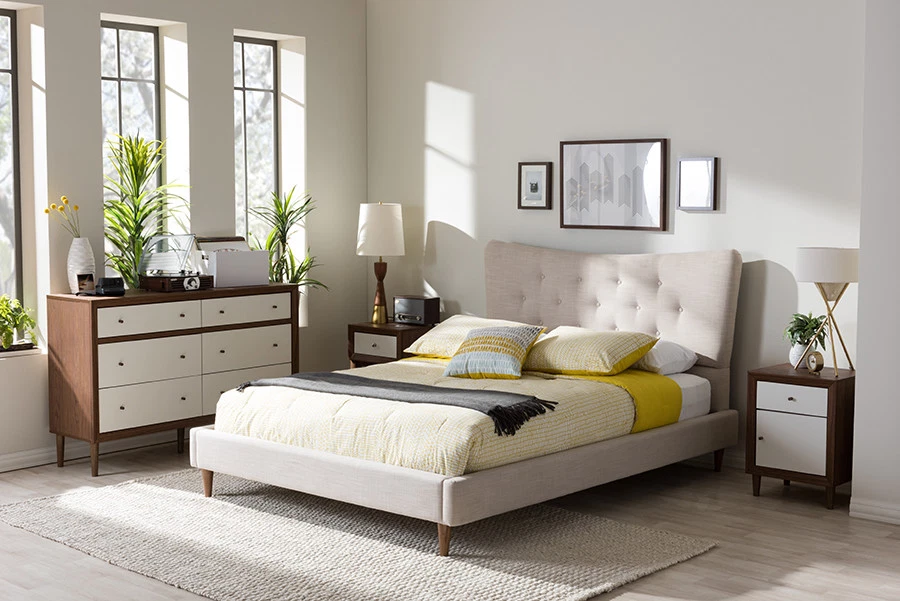 Baxton Studio Hannah Midcentury Modern Beige Linen Queen Size Platform Bed