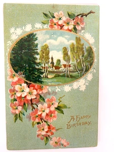 Postcard Happy Birthday 1913 Germany Antique Church Steeple Forest Scene Flowers - Picture 1 of 3