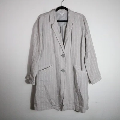J Jill Linen Striped Longline Blazer Jacket Medium Gray Long Boho Lagenlook - Image 1 of 4