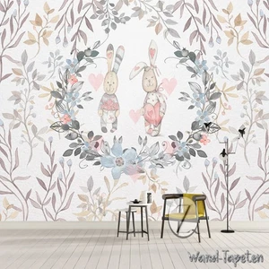 Vlies Fototapete Wandtapete Wandbilder Kinderzimmer Blumen Kaninchen 3997 - Picture 1 of 3