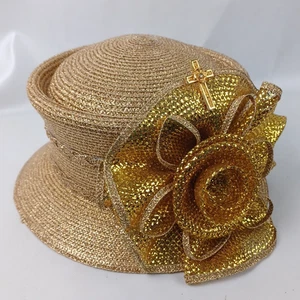 Vintage goldfarben große Schleife Kreuz Hut Tee Party, Derby, Kirche, Sonntag Taiwan - Bild 1 von 11