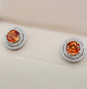 Pendiente de diamantes de zafiro naranja de 3 quilates de oro blanco sólido... - Imagen 1 de 9