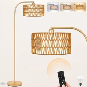 Gold Floor Lamps- Boho Floor Lamp for Room, Rattan Standing Lamps with Dimmab... - Picture 1 of 7
