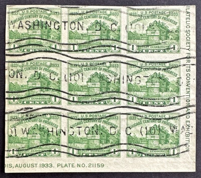 US 1933 Scott # 730a Used Corner Block of 9 Washington DC Postmark Fort Dearborn - Image 1 of 2