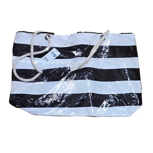 NWT Cruise Club Large Beach Tote Black White Stripe Canvas Bag Rope Handle  - Picture 1 of 4