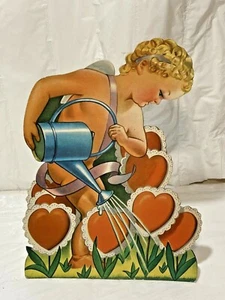 Vtg Cupid Watering Heart Tulips Stand-Up Valentine's Day Die-Cut Decoration USA - Picture 1 of 7