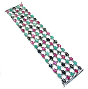 Natural Ruby Emerald Sapphire 88.5ct 925 Sterling Silver Bracelet - Picture 1 of 4