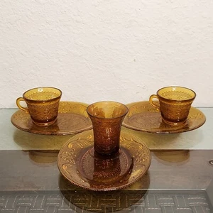 Vintage Set of 3 Tiara Indiana Glass Amber Snack Plate and Cup Glass - Picture 1 of 6