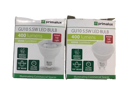 Primalux Gu10 5.5w LED Bulb 400 Lumens 6500k cool white x2 *EL202 - Image 1 of 2