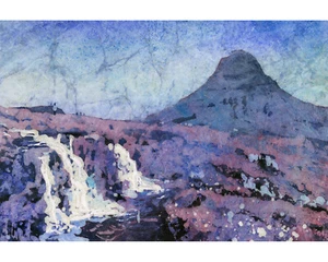Colorful watercolor batik painting Kirkjufell mountain and waterfall (original) - Picture 1 of 13
