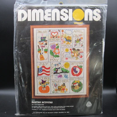 Dimensions Crewel Kit 1212 Monthly Activities, 14" x 16", Vintage Sealed 1981 - Image 1 of 4