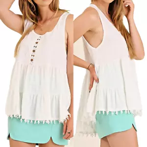 Top Umgee taglia M fata pizzo frange tinta unita bianco elasticizzato cottage camicia donna - Foto 1 di 3