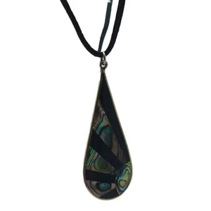 Vintage Tear Drop Womens Necklace Alpaca Mexico Abalone Shell Inlay 2" Upcycled - Picture 1 of 6