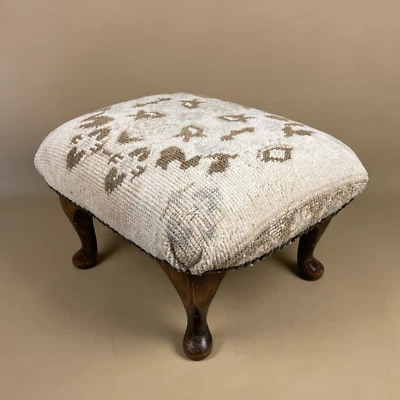 Antique Wooden Stool Upholstered Carpet Kilim Wood Cottage Furniture Cream Brown - Image 1 of 4