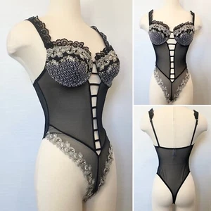 90s Victoria’s Secret Metallic Black Gold Stretch Mesh Teddy Thong Bodysuit 34C - Picture 1 of 13