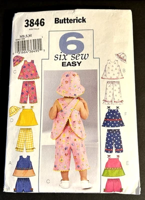 Butterick Six Sew Easy 3846 UNCUT Infant Top Shorts Pants Hat Pattern Baby NB–M - Image 1 of 2