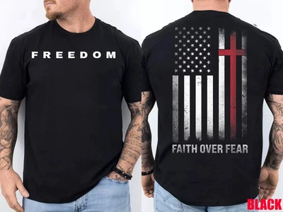 Charlie Kirk Memorial 2-Sided Freedom Christian USA Flag Faith Over Fear T-Shirt - Image 1 of 4
