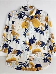 Chico’s No Iron Linen Floral Button Front Shirt Womens 1.5 M/L Yellow Navy White - Picture 1 of 13