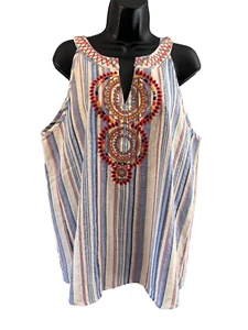 NWT I Love Halter Top Womens Size Medium Striped V Neck Embroidered - Picture 1 of 12