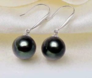 natural 8-9mm AAA+ Tahitian black Round pearl earrings 14K White Gold hook - Picture 1 of 3